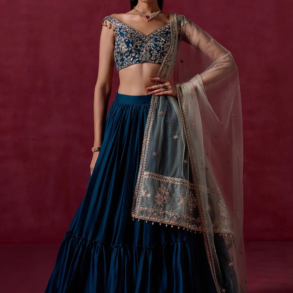 Lashkaraa Teal Blue Green Embroidered Crepe Silk Lehenga